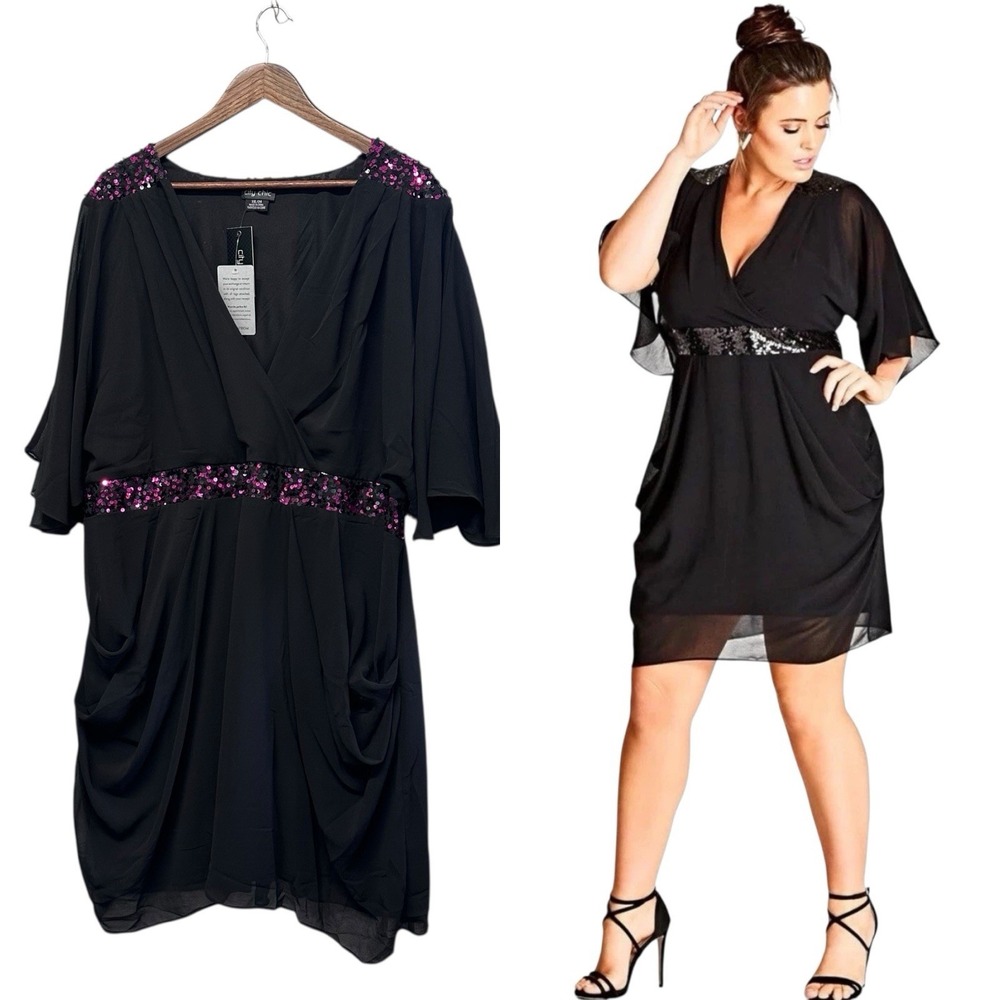 NWT City Chic Black Sheer Sequin‎ Faux Wrap Party Cocktail Dress 24/XXL Holiday